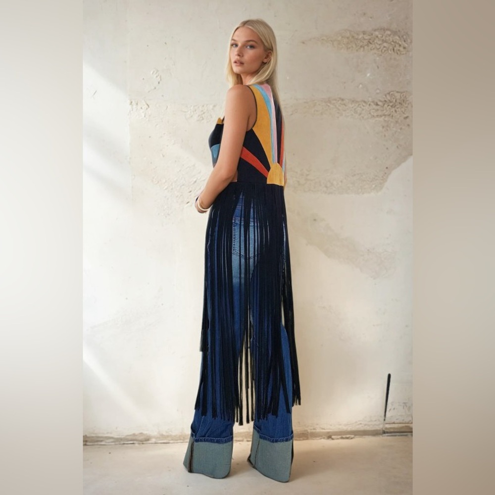 🌅 Boho Western Color Block Fringe Vest – Black Sunrise Multi
